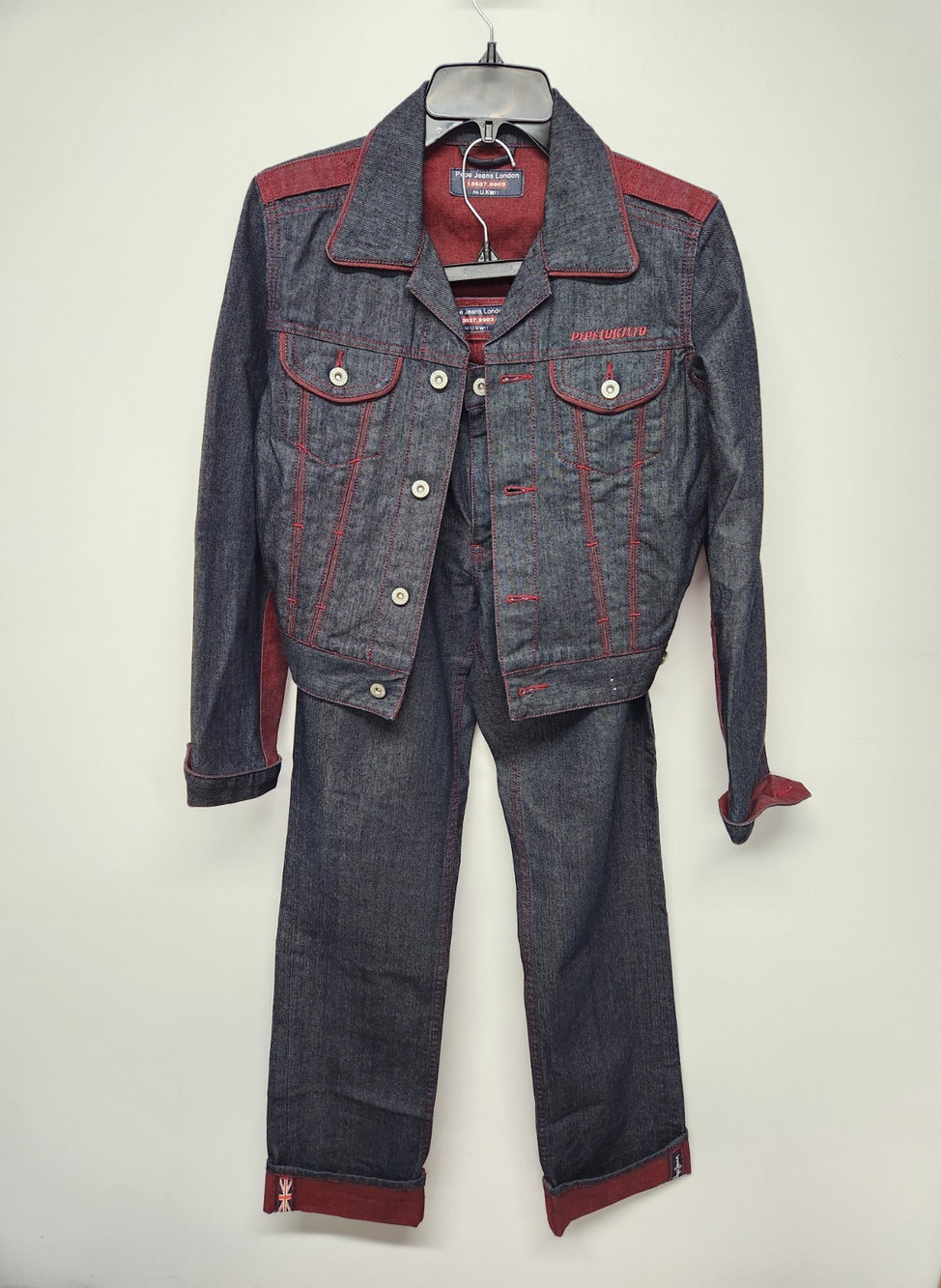 Y2K Pepe Jeans London Women's Denim Jacket & Jeans Set, Size 28 & S, Black/Red